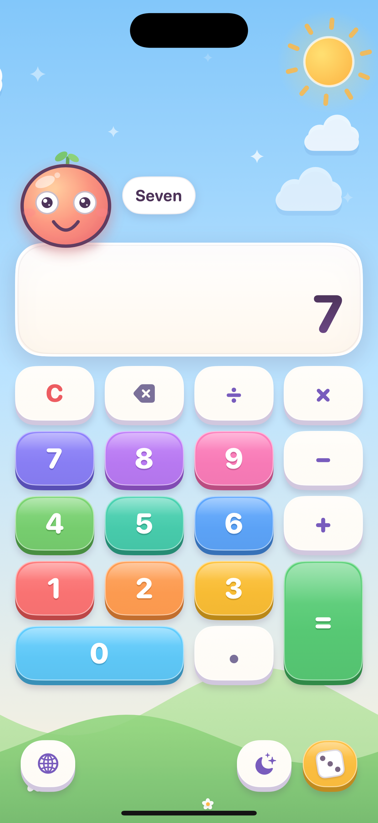 Kiddy Calc showing the number 7 with the word Seven in a speech bubble
