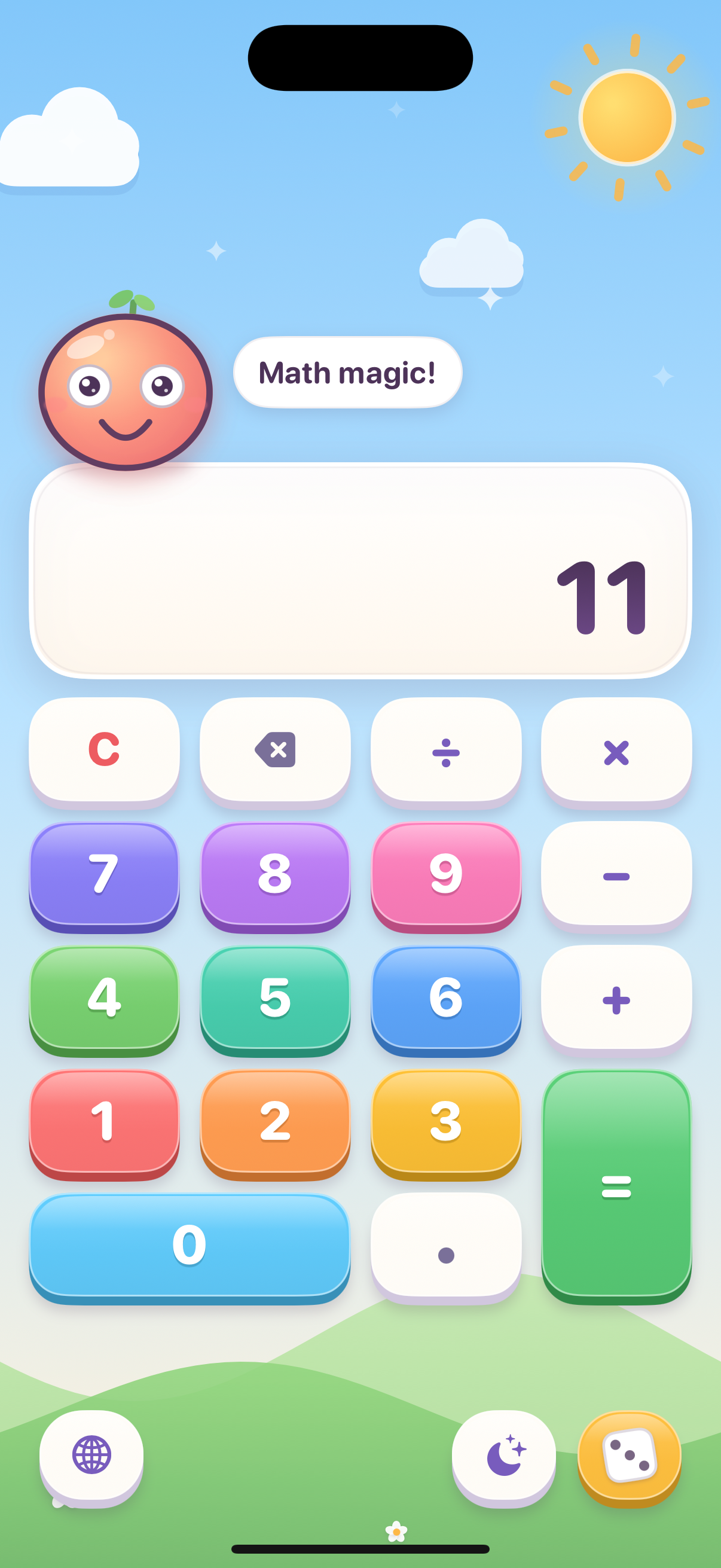 Kiddy Calc celebrating the answer 11 with a cheerful message