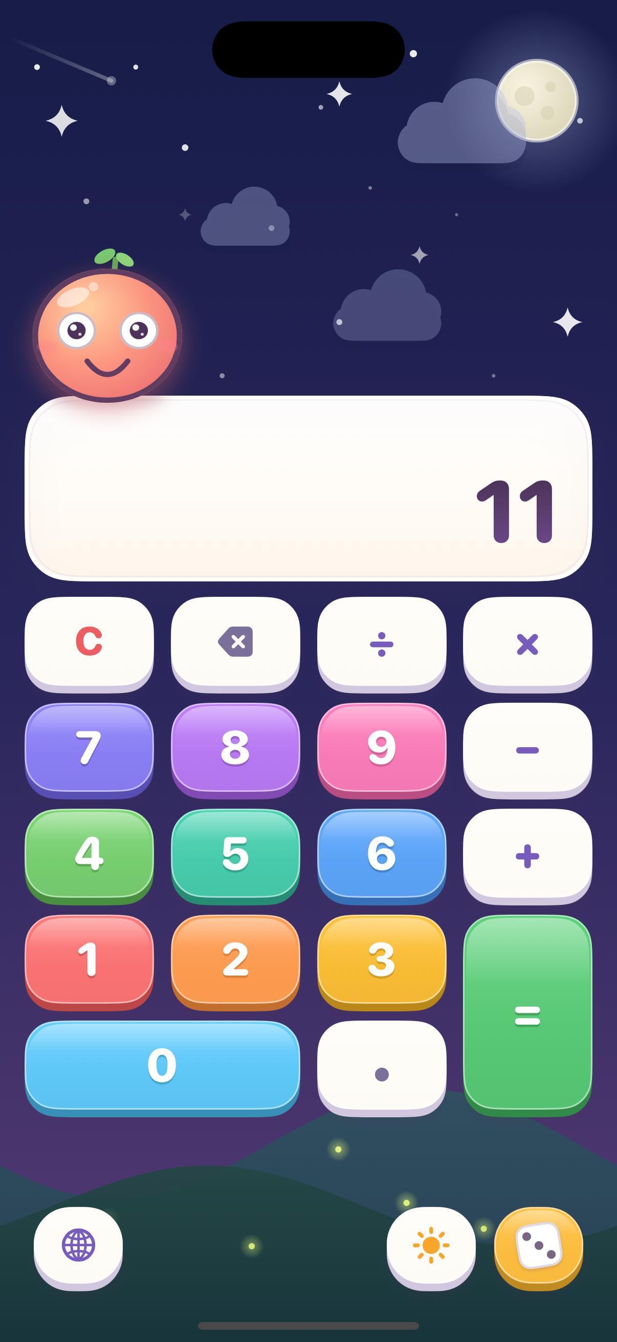 Kiddy Calc in its night scene with a moon, stars and fireflies