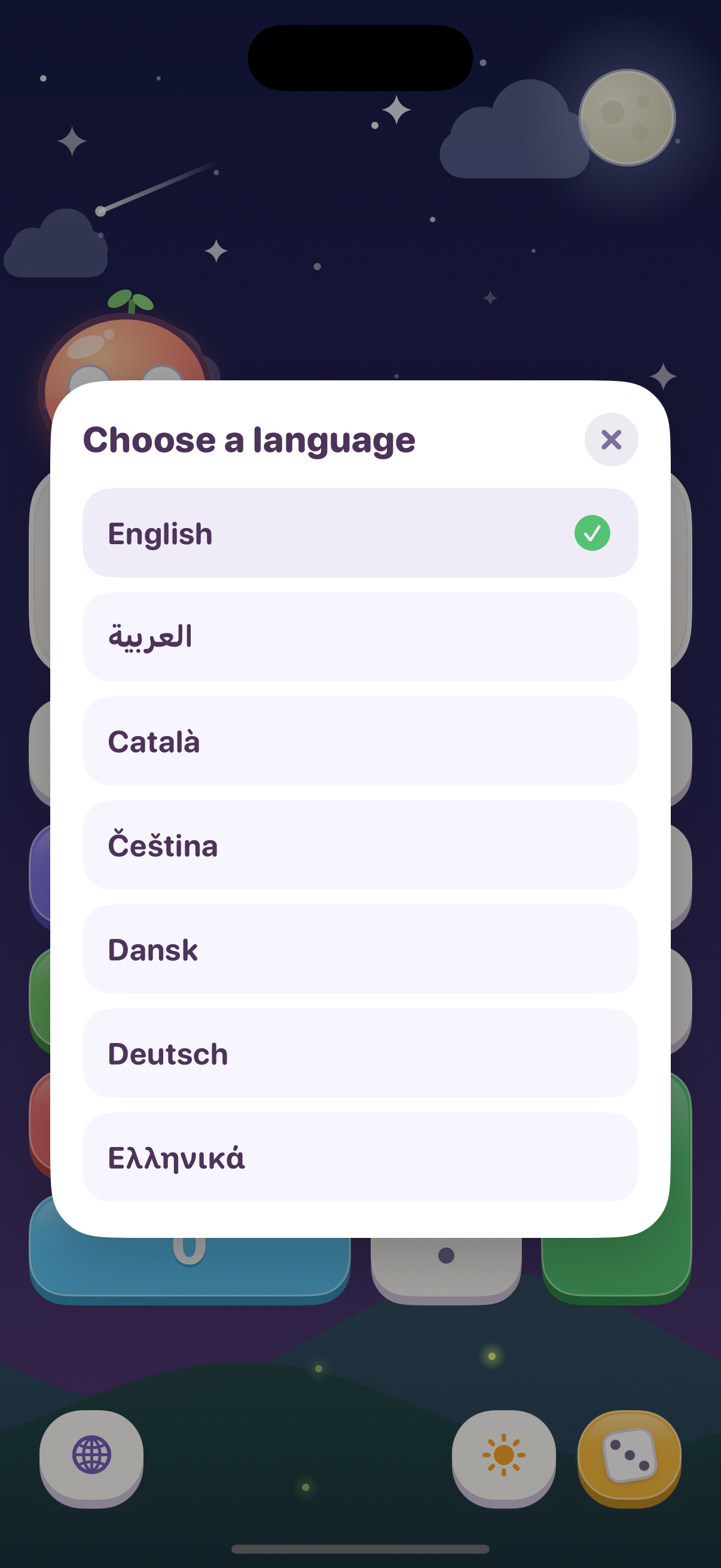 Kiddy Calc language picker showing many languages